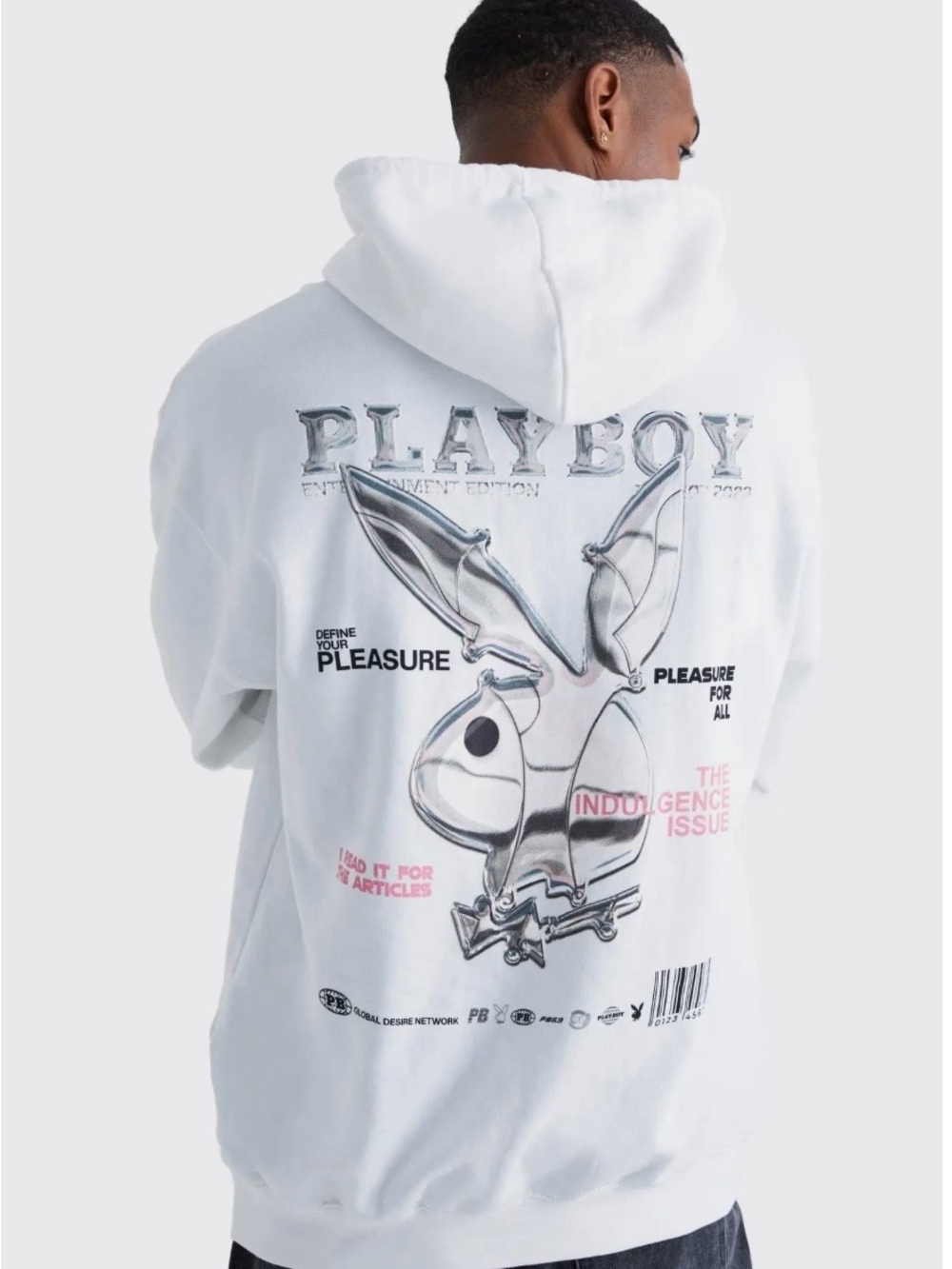 PLAYBOY White Hoodie with Metallic Bunny Graphic and Pink Accents